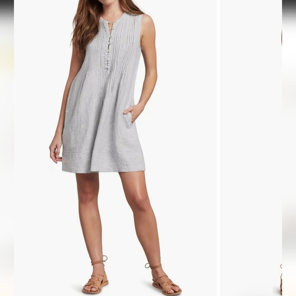 Faherty Isha Linen Swing Dress Size Medium Pockets Blue White Stripe Mini Beach - Picture 2 of 13